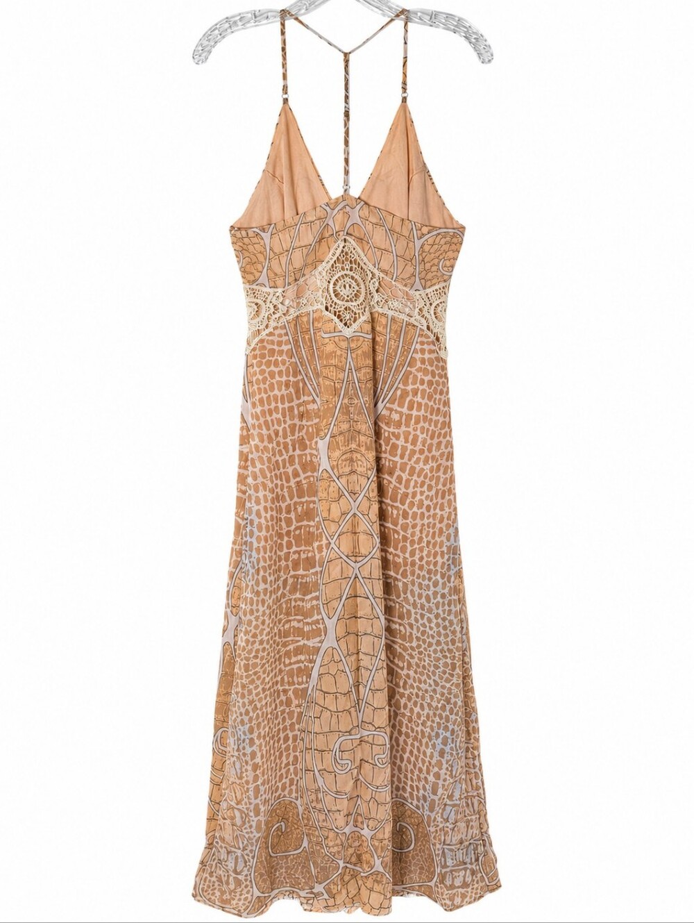 Virgin Only Women's L Boho Maxi Dress Crochet Lace Animal Print Racerback Peach - Picture 4 of 16